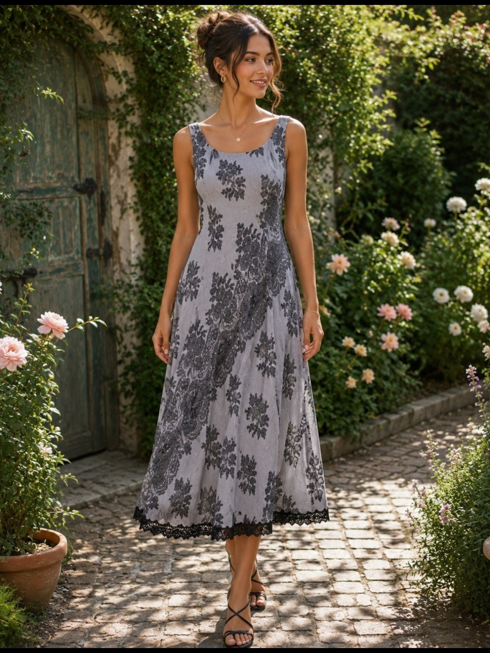 Tessuto Black White Gray Floral Lace Trim Sleeveless Midi Dress Size L USA made